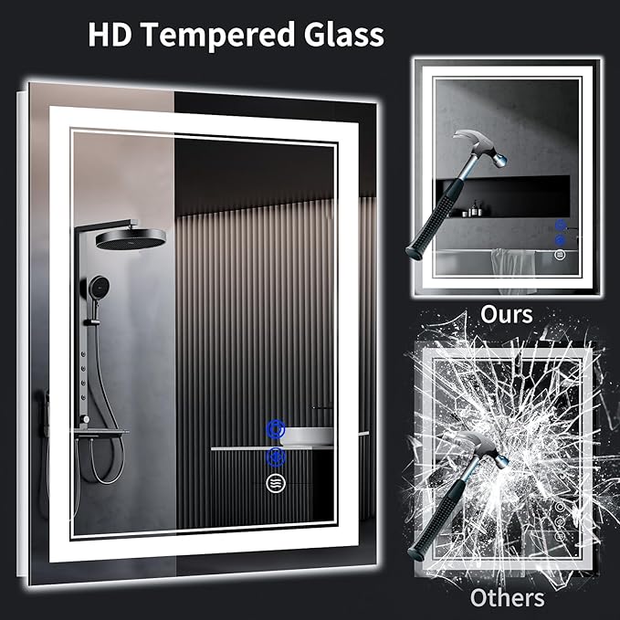 40"x32" LED Bathroom Mirror with Anti-Fog, Stepless Dimmable Lights, 3 Color Modes, Shatter-Proof Tempered Glass, Memory Function & Waterproof Design
