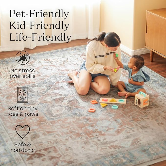 RUGGABLE Washable Vintage Area Rug – Verena Dark Wood 6x9, Stain-Resistant, Non-Slip – Medium Machine Washable Rugs for Living Room, Bedroom, Hallway, Entryway & Office–with Cushioned Pad