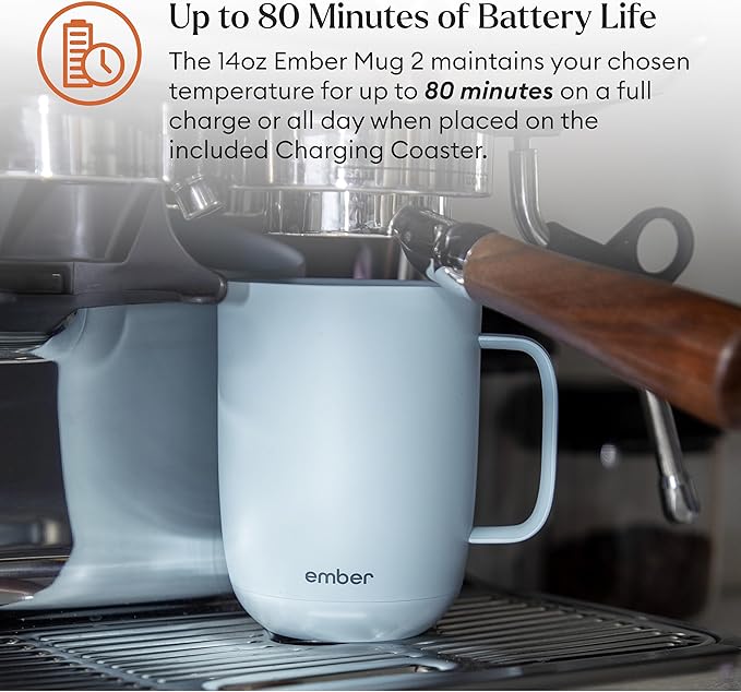 Ember Temperature Control 14oz Smart Mug 2, App-Controlled and Rechargeable Heated Coffee Cup Warmer with Intelligent LED Display, Powder Blue
