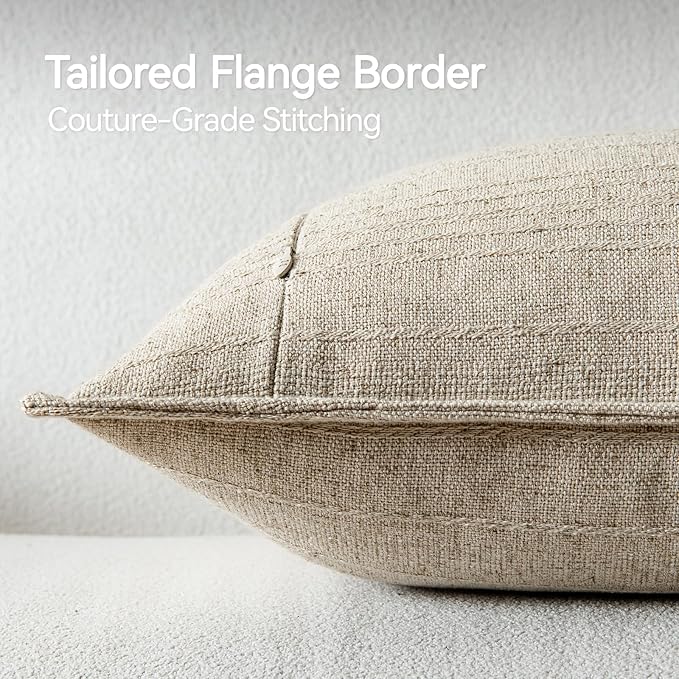a moment Linen Pillow Covers Set of 2,Boho Farmhouse Throw Pillowcases Neutral Textured Decorative Covers for Couch Sofa, Soft Linen Blend Accent Case Cushion Living Room Home Decor 24"x24"Khaki