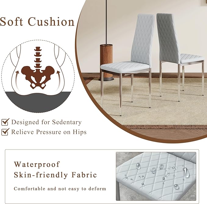 JT Modern Minimalist Dining Chair Fireproof Leather Sprayed Metal Pipe Diamond Grid Pattern Restaurant Home Conference Chair Set of 4 Or 6 (4, Gray Brown)