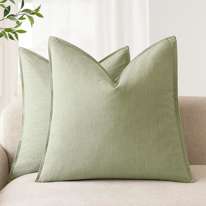 Foindtower Pack of 2, Decorative Linen Solid Throw Pillow Covers Accent Soft Cushion Case Farmhouse Boho Pillowcase for Couch Sofa Chair Bedroom Living Room Home Decor 18 x 18 Inch Light Sage Green