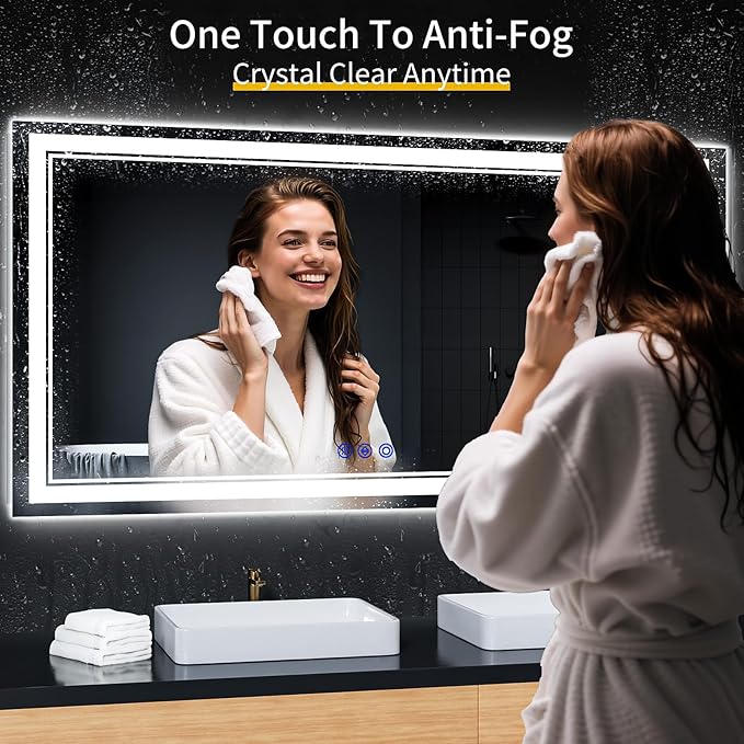 60"x30" LED Bathroom Mirror with Anti-Fog, Stepless Dimmable Lights, 3 Color Modes, Shatter-Proof Tempered Glass, Memory Function & Waterproof Design