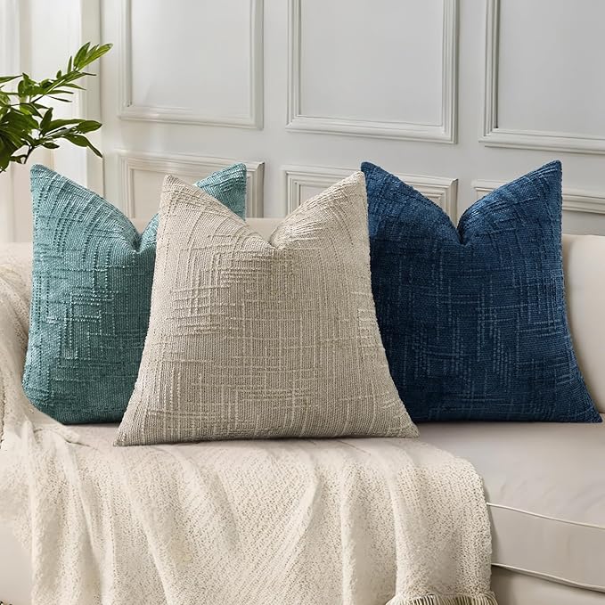 decorUhome Teal Chenille Throw Pillow Covers 18x18 Set of 2 Thick Textured Slubby Couch Pillow Covers Farmhouse Accent Modern Neutral Decorative Pillow Cases for Bed Sofa Living Room