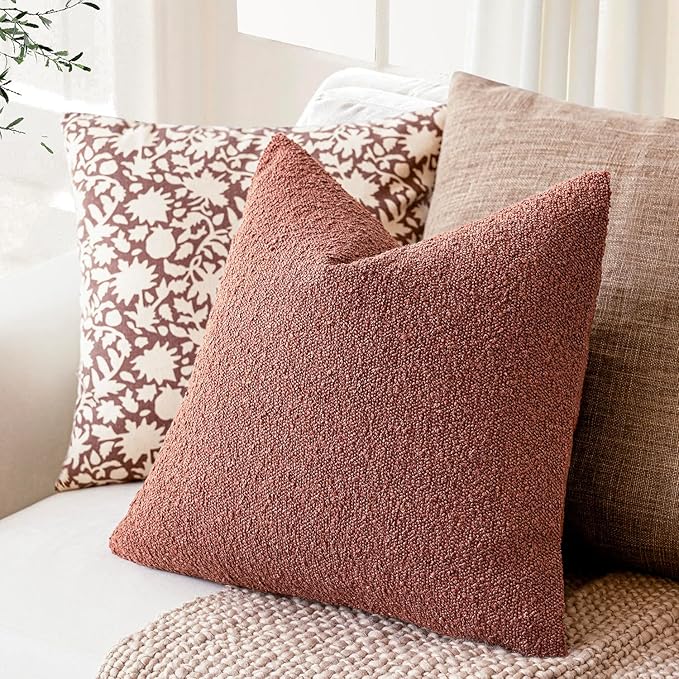 Foindtower Pack of 2 Textured Boucle Throw Pillow Covers Accent Solid Pillow Cases Cozy Soft Decorative Couch Cushion Case for Chair Sofa Bedroom Living Room Home Decor 18x18 Inch Orange Rust Red