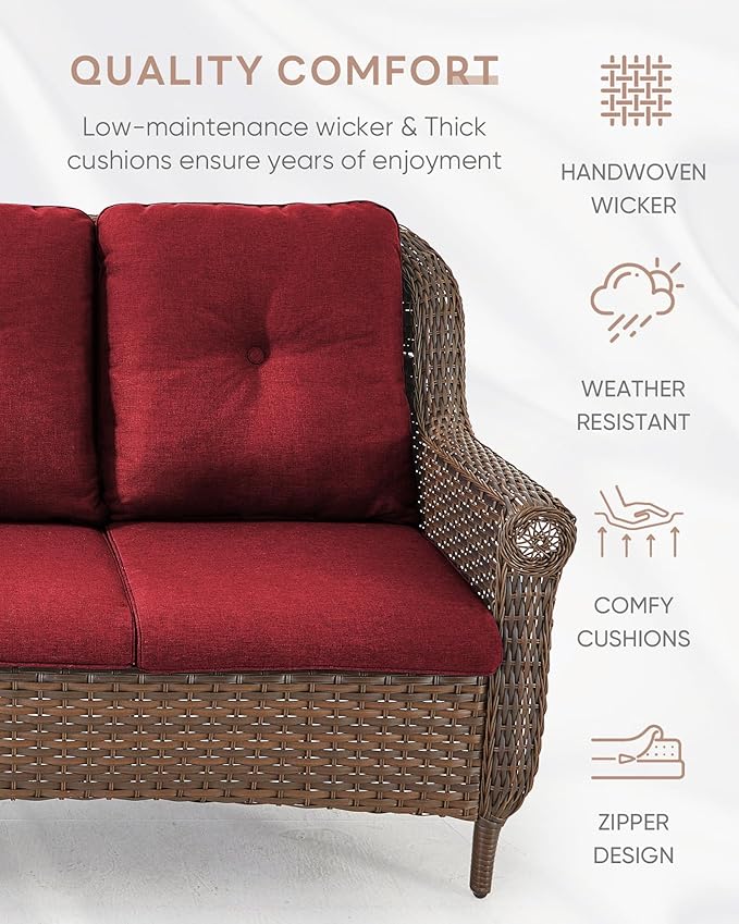 Patio Couch Outdoor Wicker Sofa - Heavy Duty All-Weather Brown Rattan 3-Seater with High Back and Comfortable Thick Cushions for Garden Back Porch Poolside Apartment - Red