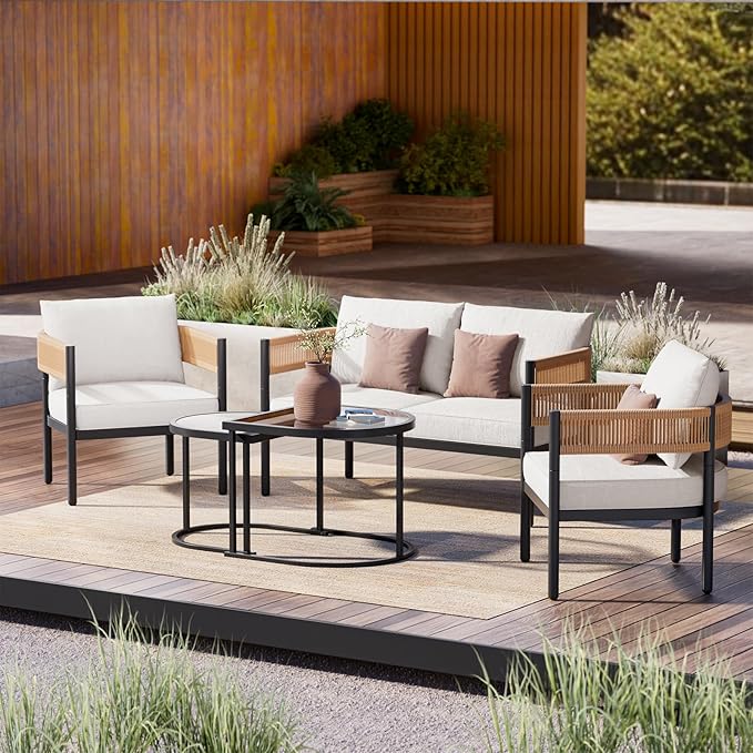 Grand patio 5-Piece Outdoor Furniture Set with Thick Cushions and Coffee Table, Wicker Sofa Conversation Set for Backyard, Natural