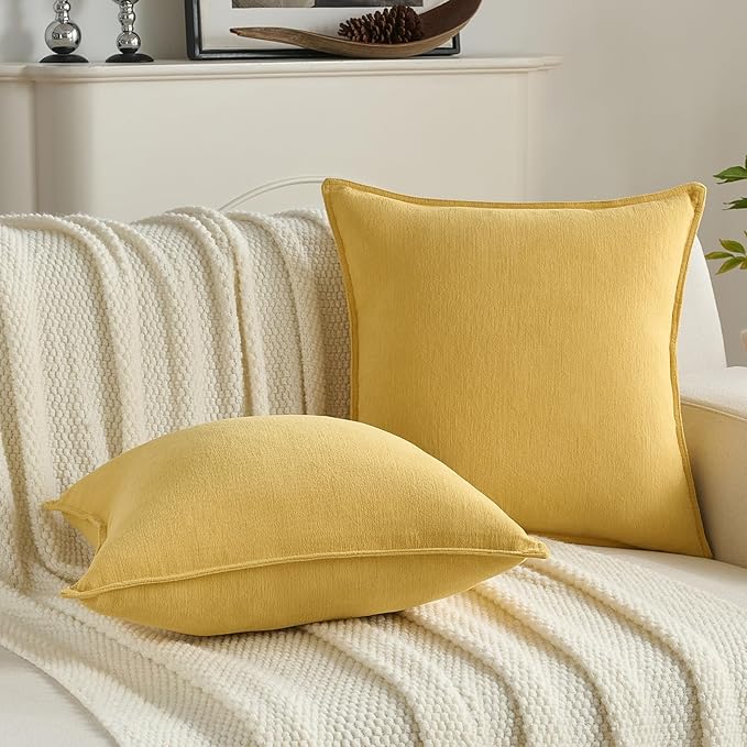 FUTEI Mustard Yellow Chenille Throw Pillow Covers 26x26 Inch Set of 2,Edges Double-Stitched Euro Pillow Shams,Modern Home Decor for Couch Living Room