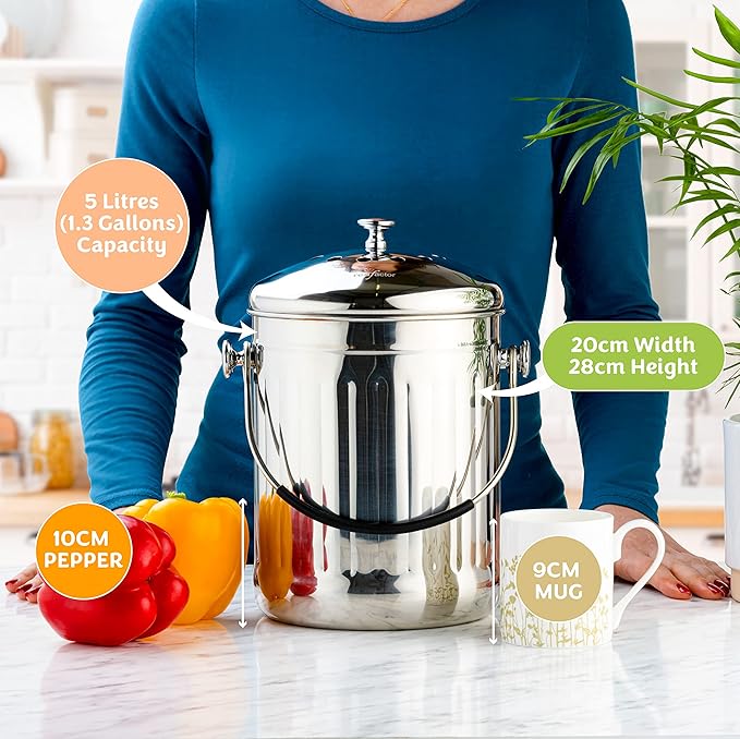 RED FACTOR Premium Compost Bin for Kitchen Countertop - Stainless Steel Food Waste Bucket with Innovative Dual Filter Technology - Includes Spare Filters (Brilliant Steel, 1.3 Gallon)