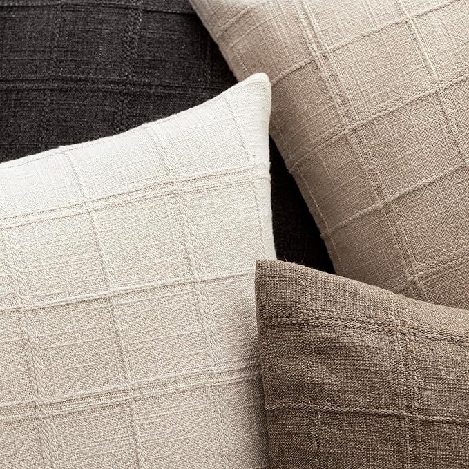 Foindtower Set of 2 Decorative Linen Check Throw Pillow Covers Neutral Farmhouse Lumbar Cushion Covers Modern Boho Home Decor for Sofa Chair Couch Bedroom Living Room,12×24 Inch,Natural Linen