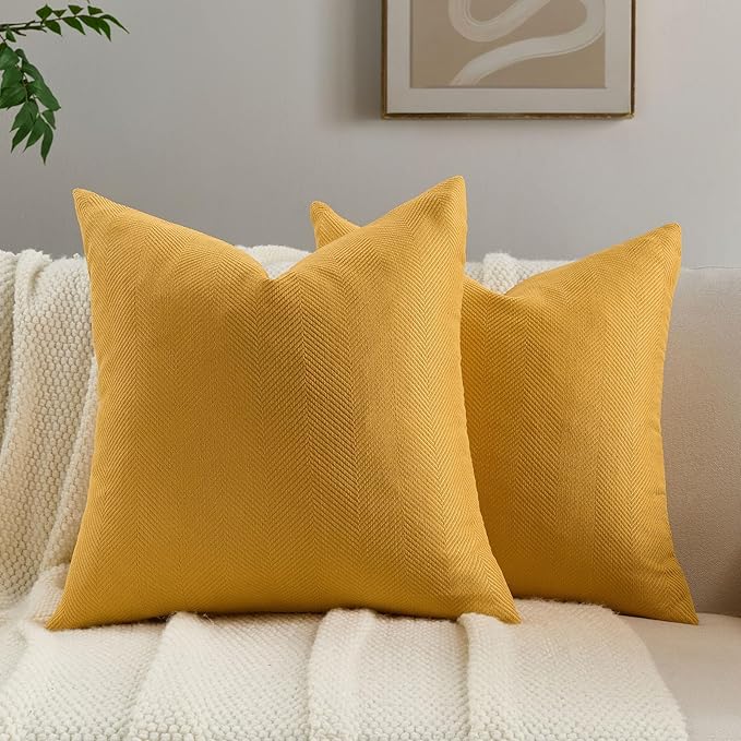 FUTEI Mustard Yellow Chenille Throw Pillow Covers 18x18 Inch Set of 2,Soft Wide Chevron Textured Cushion Case,Farmhouse Home Decor for Couch Bed Living Room