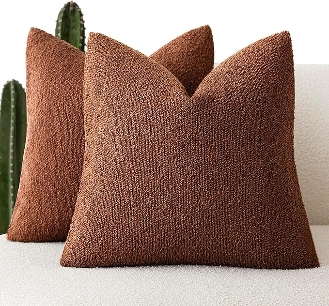 Foindtower Set of 2, Decorative Textured Boucle Throw Pillow Covers Accent Solid Pillow Cases Neutral Soft Cozy Couch Cushion Case for Chair Sofa Bedroom Living Room Home Decor 24x24 Inch Red Taupe
