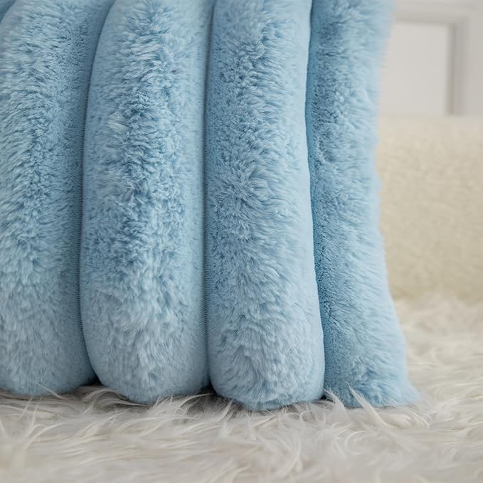 Neelvin Blue Faux Fur Cozy Soft Striped Decorative Throw Pillow Covers 12x20 inch Set of 2,Velvet Pillowcase Cushion Case for Sofa Couch