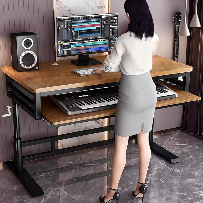Studio Desk with Keyboard Tray | Hand-Crank Adjustable Standing Desk Workstation for Music Production, Cable Management, MIDI Keyboard Shelf (White, 55In)