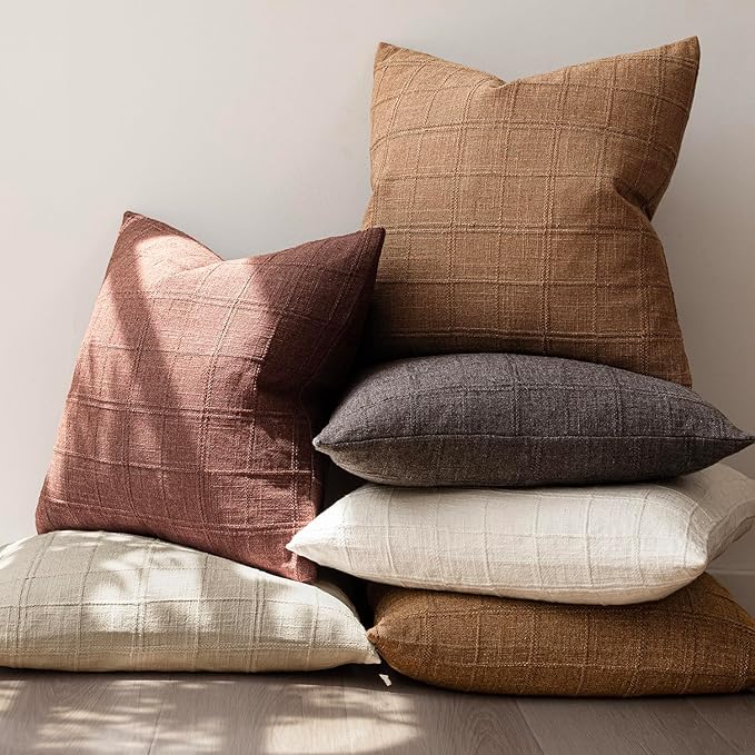 Foindtower Set of 2 Decorative Linen Check Throw Pillow Covers Neutral Farmhouse Lumbar Cushion Covers Modern Boho Home Decor for Sofa Chair Couch Bedroom Living Room,12×20 Inch,Autumnal Red