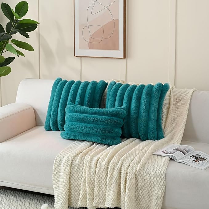 FUTEI Teal Decorative Throw Pillow Covers 24x24 Inch Set of 2, Square Soft Faux Rabbit Fur Thick Striped European Cushion Covers,Winter Home Decor for Couch Bed Living Room