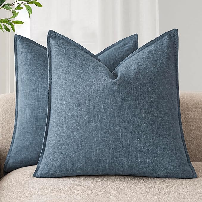Foindtower Set of 2, Decorative Linen Soild Throw Pillow Covers Soft Accent Euro Cushion Case Boho Farmhouse Neutral Pillowcase for Couch Sofa Bedroom Living Room Home Decor 18 x 18 Inch Misty Blue