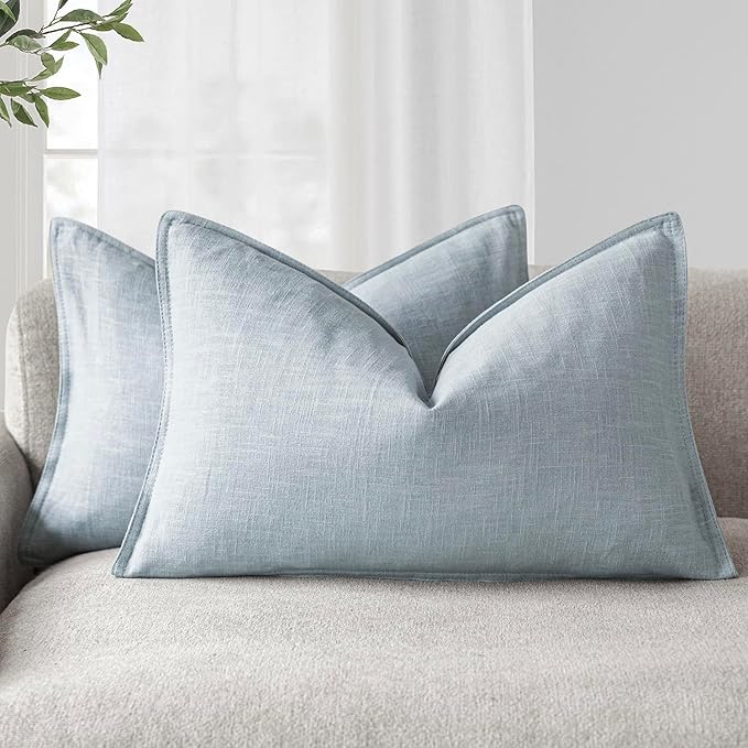 Foindtower Pack of 2, Decorative Linen Soild Throw Pillow Covers Soft Accent Lumbar Cushion Case Boho Farmhouse Pillowcase for Chair Couch Sofa Bedroom Living Room Home Decor 12 x 20 Inch Sky Blue