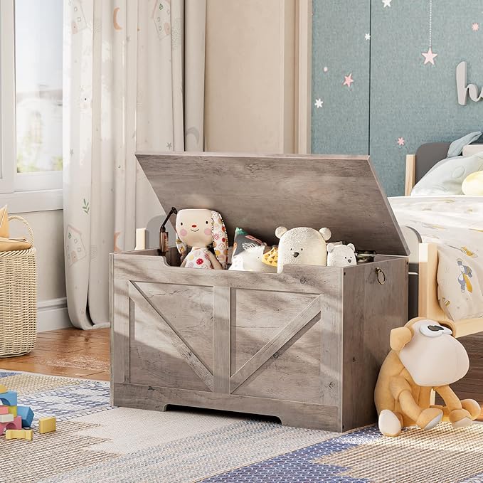 HOOBRO Storage Bench, 29.5” Retro Wooden Storage Chest with U-Shaped Cut-Out Pull, Safety Hinge, Supports 220 lb and Easy Assembly for Toy Box Organizer (Greige) BG77CW01