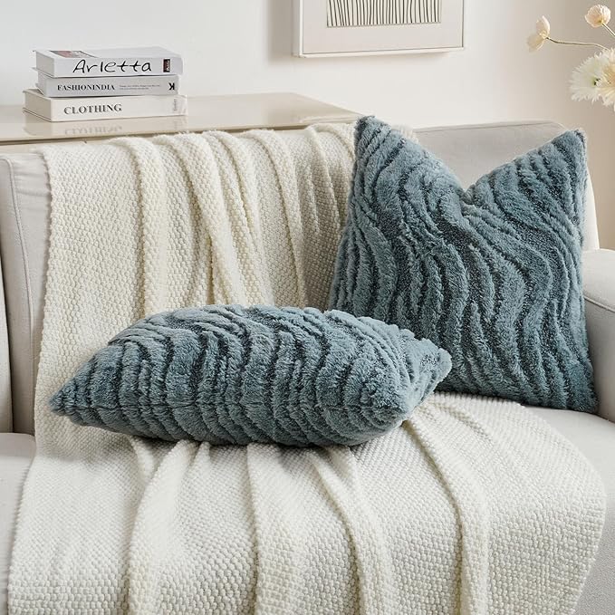 FUTEI Blue Decorative Throw Pillow Covers 22x22 Inch Set of 2,Soft Faux Fur Geometric Shapes Texture Cushion Case,Boho Home Decor for Couch Bed Living Room