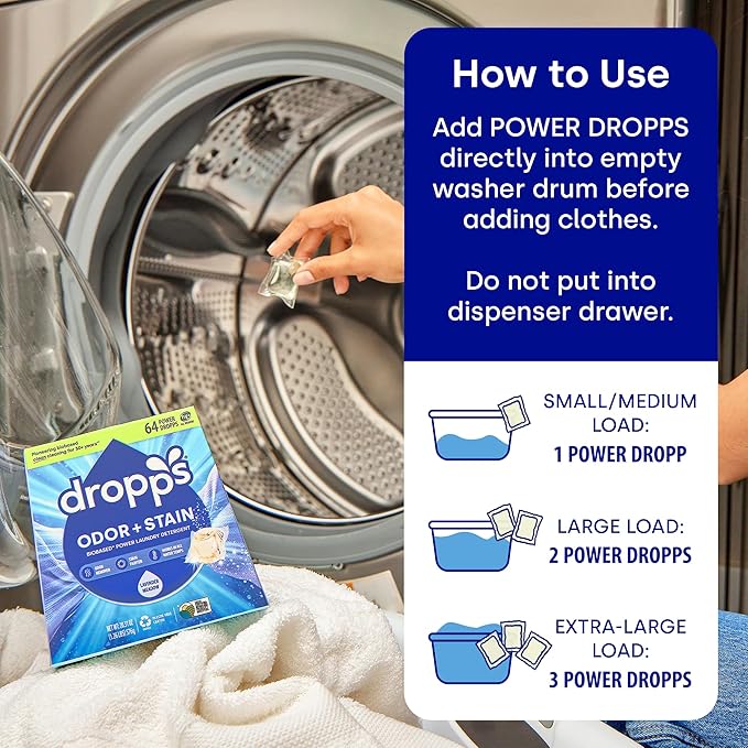 Dropps Odor & Stain Biobased Power Laundry Detergent Pods, Lavender Meadow (64 Count) - HE Compatible Laundry Pods for Fresh Clothes - Washing Detergent Soap Supplies & Recyclable Paperboard Packaging