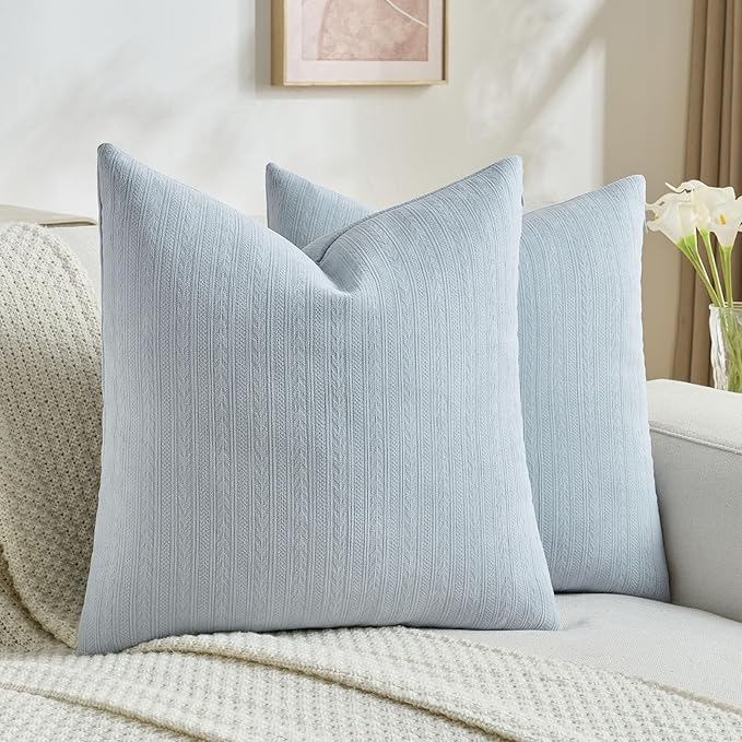 FUTEI Light Blue Decorative Throw Pillow Covers 24x24 Inch Set of 2,Soft Cozy Wheat Ear Striped Patterns European Cushion Cases,Modern Home Decor for Couch Bed Living Room