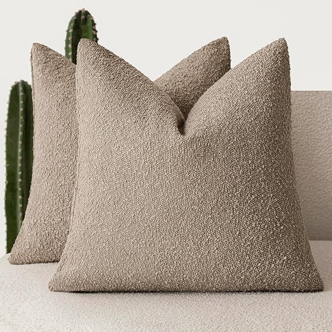 Foindtower Set of 2, Decorative Textured Boucle Throw Pillow Covers Accent Solid Pillow Cases Neutral Cozy Couch Cushion Case for Chair Sofa Bedroom Living Room Home Decor 26x26 Inch Light Khaki Tan
