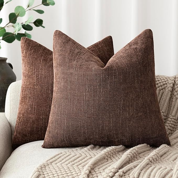 Foindtower Pack of 2 Soft Textured Chenille Throw Decorative Pillow Covers Square Accent Solid Cushion Cover Cozy Neutral Farmhouse Pillow Case for Couch Sofa Bedroom Living Room 26x26 Inch,Red Brown