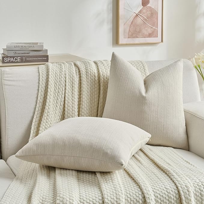 FUTEI Beige Decorative Throw Pillow Covers 22x22 Inch Set of 2,Soft Cozy Wheat Ear Striped Patterns Cushion Cases,Modern Home Decor for Couch Bed Living Room