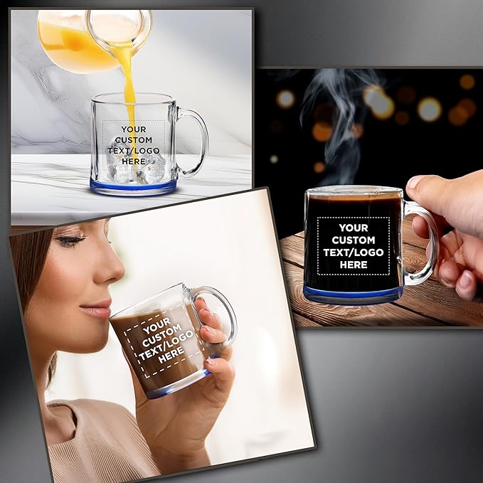 Custom Libbey Clear Glass Coffee Mugs 13 oz. Set of 50, Personalized Bulk Pack - Perfect for Coffee, Tea, Espresso, Hot Cocoa, Other Beverages - Blue Bottom