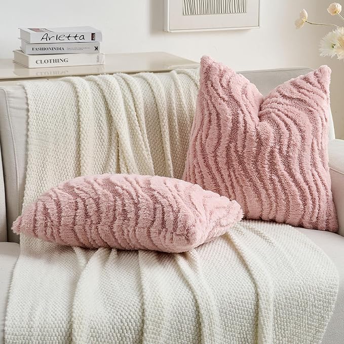 FUTEI Pink Decorative Throw Pillow Covers 24x24 Inch Set of 2,Soft Faux Fur Geometric Shapes Texture European Cushion Case,Boho Home Decor for Couch Bed Living Room