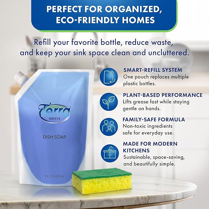 Liquid Dish Soap Refill Pouch 1 Liter – Family Size Dishwashing Liquid for Everyday Home Use – Non-Toxic Formula Cuts Grease While Gentle on Hands – Eco Refill for Dish Soap Dispensers & Kitchens
