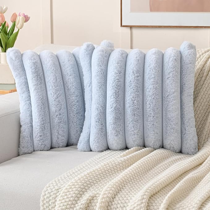 FUTEI Light Blue Decorative Throw Pillow Covers 16x16 Inch Set of 2, Square Soft Faux Rabbit Fur Thick Striped Cushion Cover,Winter Home Decor for Couch Bed Living Room