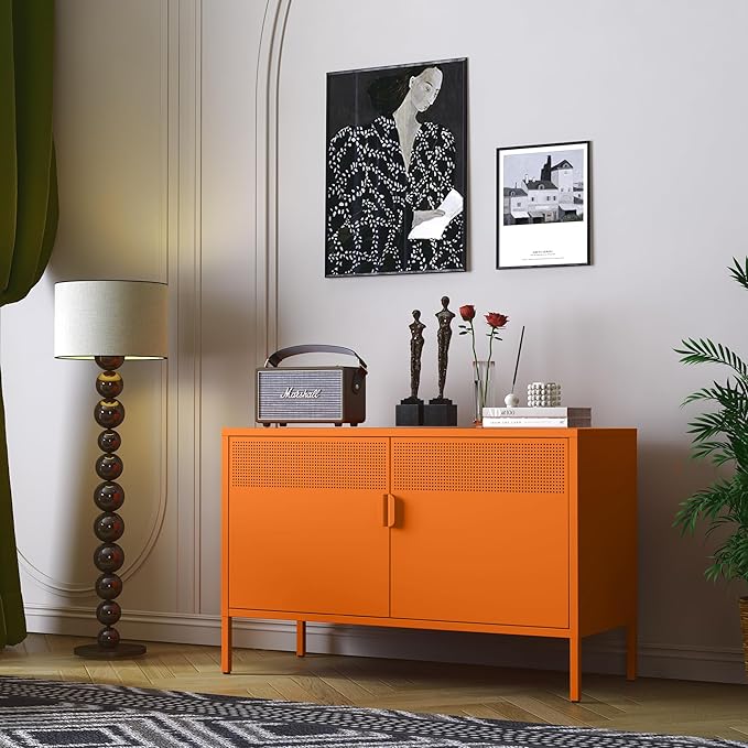 Orange Wide Metal Locker Storage Cabinet, 2 Door Metal Accent Cabinet for Home and Office, 2 Tier Low Metal Cabinet with Doors and Shelf, Multipurpose Metal Tv Stand Cabinet