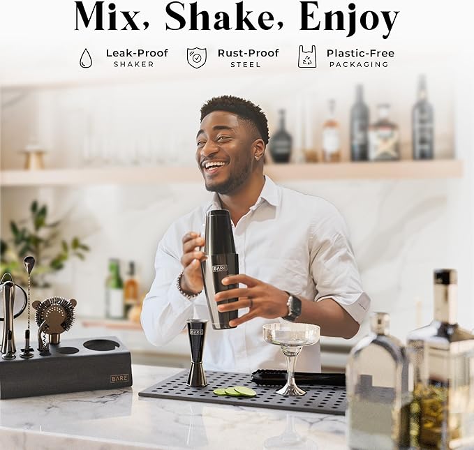 BARE BARREL® Mixology Bartender Kit Bar Set | 14-Piece Cocktail Shaker Set | Martini Barware Mixing Tools for Home Bartending | Incl. 35 Recipe Cards | Gift Set (28oz Boston Shaker, Jet Black/Black)