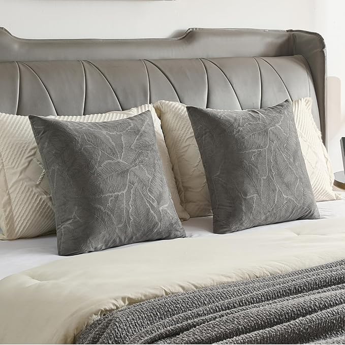 FUTEI Dark Grey Velvet Throw Pillow Covers 12x20 Inch Set of 2,Soft Embossed Leaf-Relief Textured Lumbar Pillow Cases,Natural Home Decor for Couch Living Room
