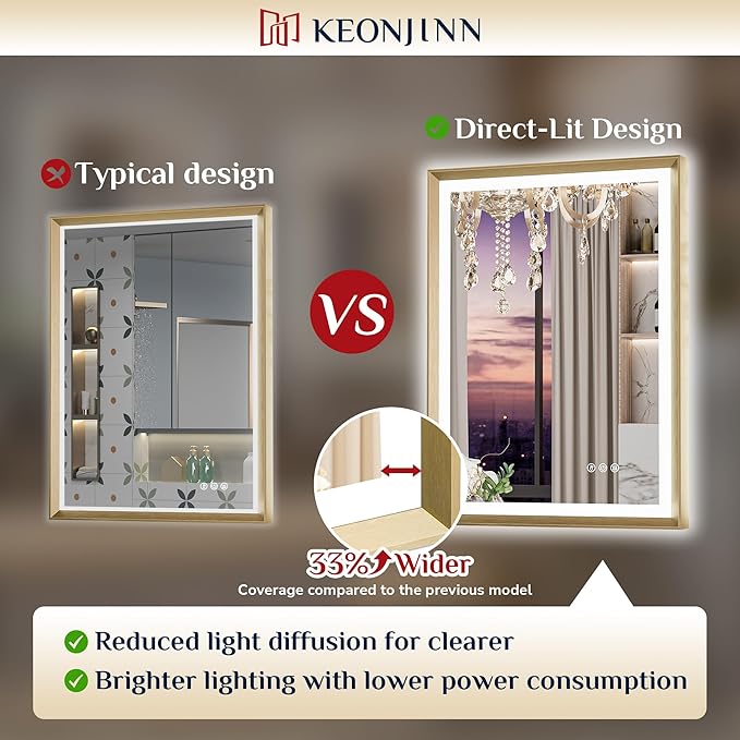 Keonjinn 42” x 36” LED Bathroom Mirror with Frontlit & Backlit, Gold Metal Framed Beveled Edge Mirror for Wall, LED Mirror with Anti Fog, Stepless 3-Color Temperature, UL-Listed LED Driver