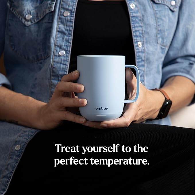 Ember Temperature Control 14oz Smart Mug 2, App-Controlled and Rechargeable Heated Coffee Cup Warmer with Intelligent LED Display, Powder Blue