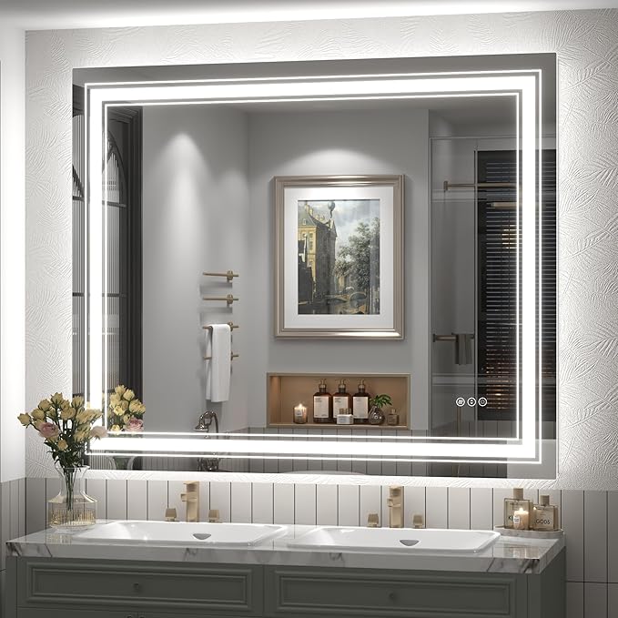 48x40 inch Large LED Bathroom Mirror, Lighted Vanity Mirror for Wall, Dimmable, Anti-Fog, Shatter-Proof, ETL Listed (Front Lights + Backlit)