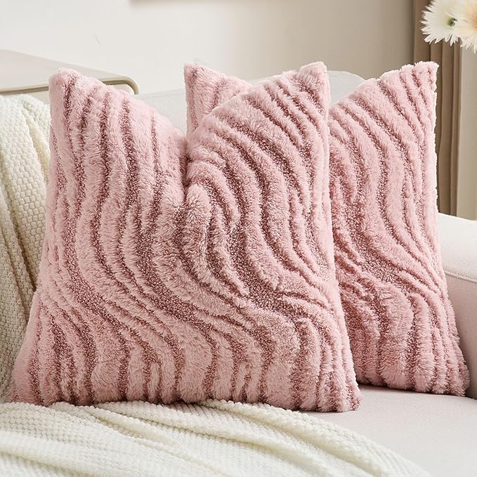 FUTEI Pink Decorative Throw Pillow Covers 26x26 Inch Set of 2,Soft Faux Fur Geometric Shapes Texture Euro Pillow Shams,Boho Home Decor for Couch Bed Living Room