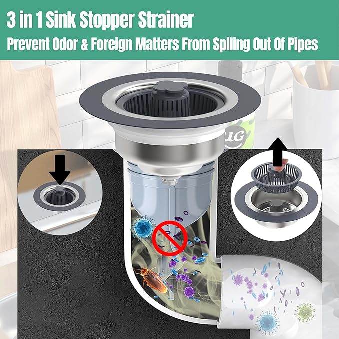 Kitchen Sink Drain Strainer Stopper 304 Stainless Steel 3 in 1 Sink Protectors Pop Up Anti-Clogging Kitchen Sink Stopper Basket Filter for US Standard 3-1/2 Inch Drain Cover(2 Packs)