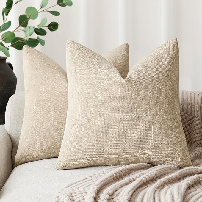 Foindtower Pack of 2 Soft Textured Throw Decorative Pillow Covers Square Accent Solid Cushion Cover Cozy Neutral Farmhouse Pillow Case for Couch Sofa Bedroom Living Room 20x20 Inch, Beige