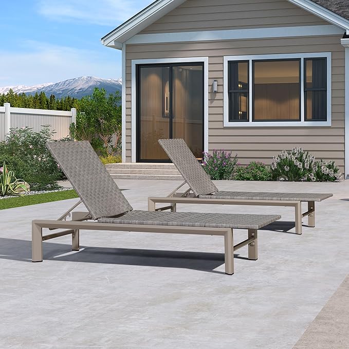 PURPLE LEAF Patio Oversized Chaise Lounge Rattan Chair Set of 2 Outdoor Pool Adjustable Recliner Wicker Chairs for Outside Woven Furniture Tanning Poolside Lounger Granite Gray