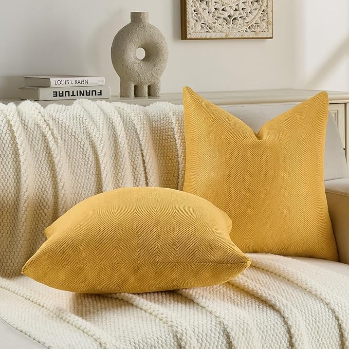 FUTEI Mustard Yellow Chenille Throw Pillow Covers 16x16 Inch Set of 2,Soft Wide Chevron Textured Cushion Case,Farmhouse Home Decor for Couch Bed Living Room
