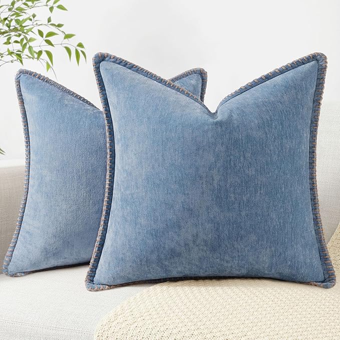 decorUhome Chenille Soft Throw Pillow Covers 22x22 Set of 2, Farmhouse Velvet Neutral Decorative Euro Pillow Covers with Stitched Edge for Couch Sofa Bed Home Decor, Blue