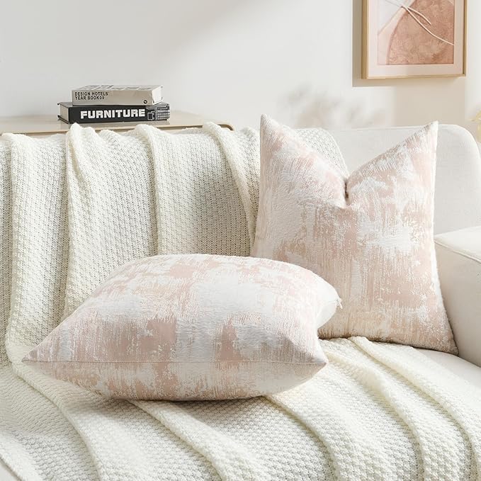 FUTEI Pink White Decorative Throw Pillow Covers 18x18 Inch Set of 2,Soft Faux Cashmere Jacquard - Textured & Cozy Cushion Case,Modern Home Decor for Couch Bed Living Room