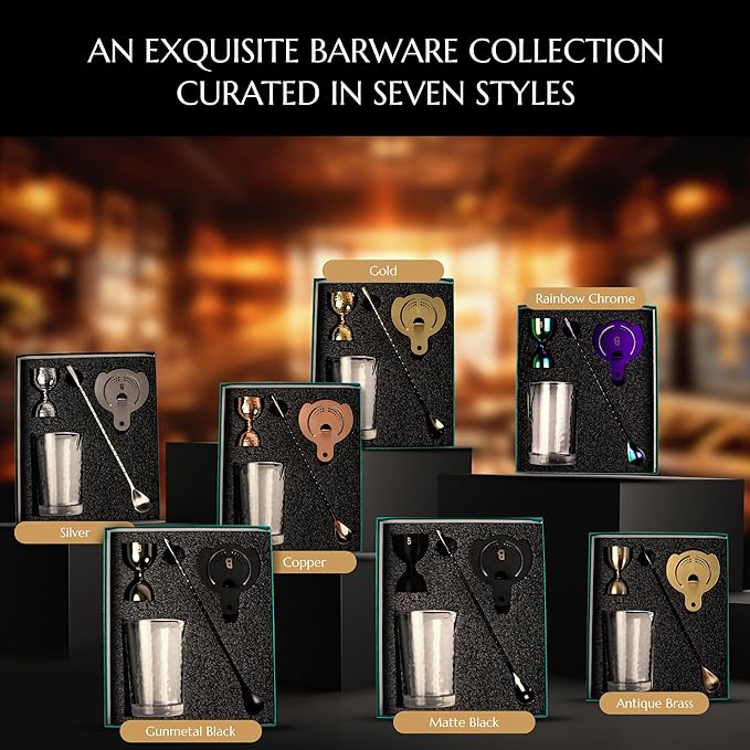 4 Piece Cocktail Kit by Bull In China - 100% Brass Premium Bartender Gift Set Includes Flagship Mixing Glass, 12 inch Barspoon, Bell Jigger & Hawthorne Strainer For Professional & Home Bars (Brass)