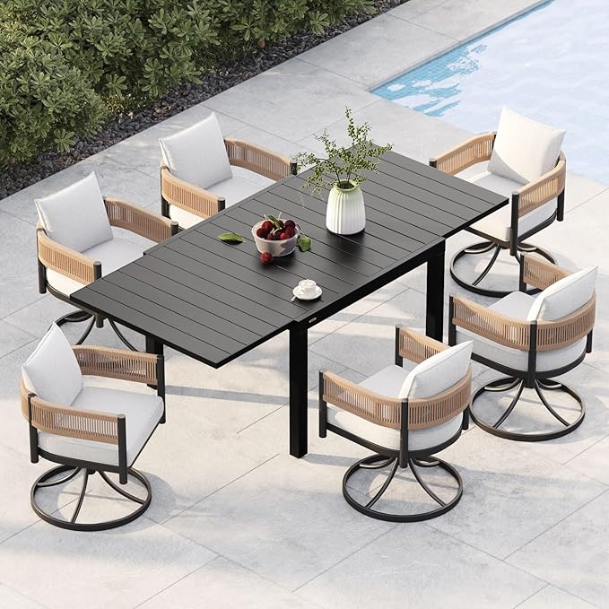 Grand patio 7-Piece Outdoor Dining Set for 6 with 1 Rectangle Expandable Table for 4-6 Person, Metal Woven Wicker Swivel Patio Chairs with Thickened Cushions for Yard, Poolside, Deck (Natural)