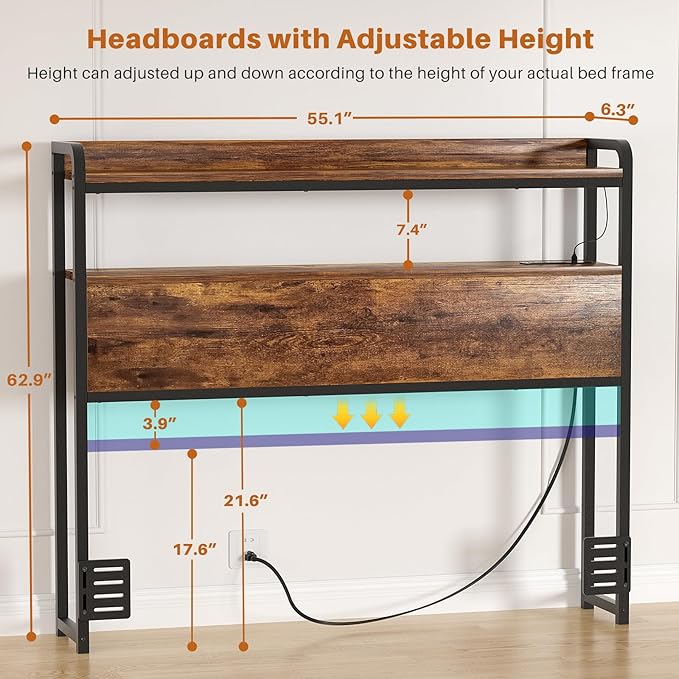 Aheaplus Headboard for Twin Size Bed Frame, Headboards with Outlets, USB Ports and LED Light, Head Board with Storage, Height Adjustable, Sturdy and Stable Headboard, Twin Size, Rustic Brown