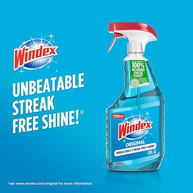 Windex Glass and Window Cleaner Spray Bottle, Packaging Designed to Prevent Leakage and Breaking, Surface Cleaning Spray, Original Blue Scent, 23 Fl Oz